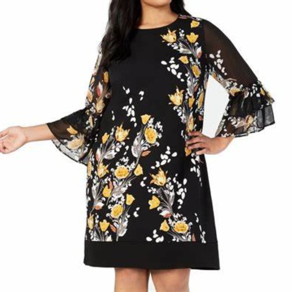 ALFANI Womens Black Tiered Mesh Sleeve Floral Print Jewel Neck Size 4 - Picture 2 of 3